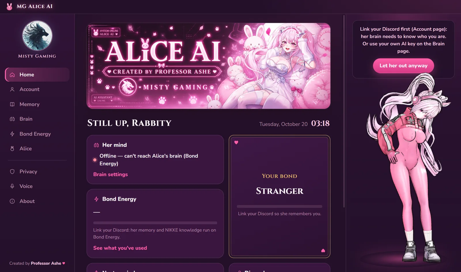 The MG Alice AI app: Alice stands on her stage next to the Home page