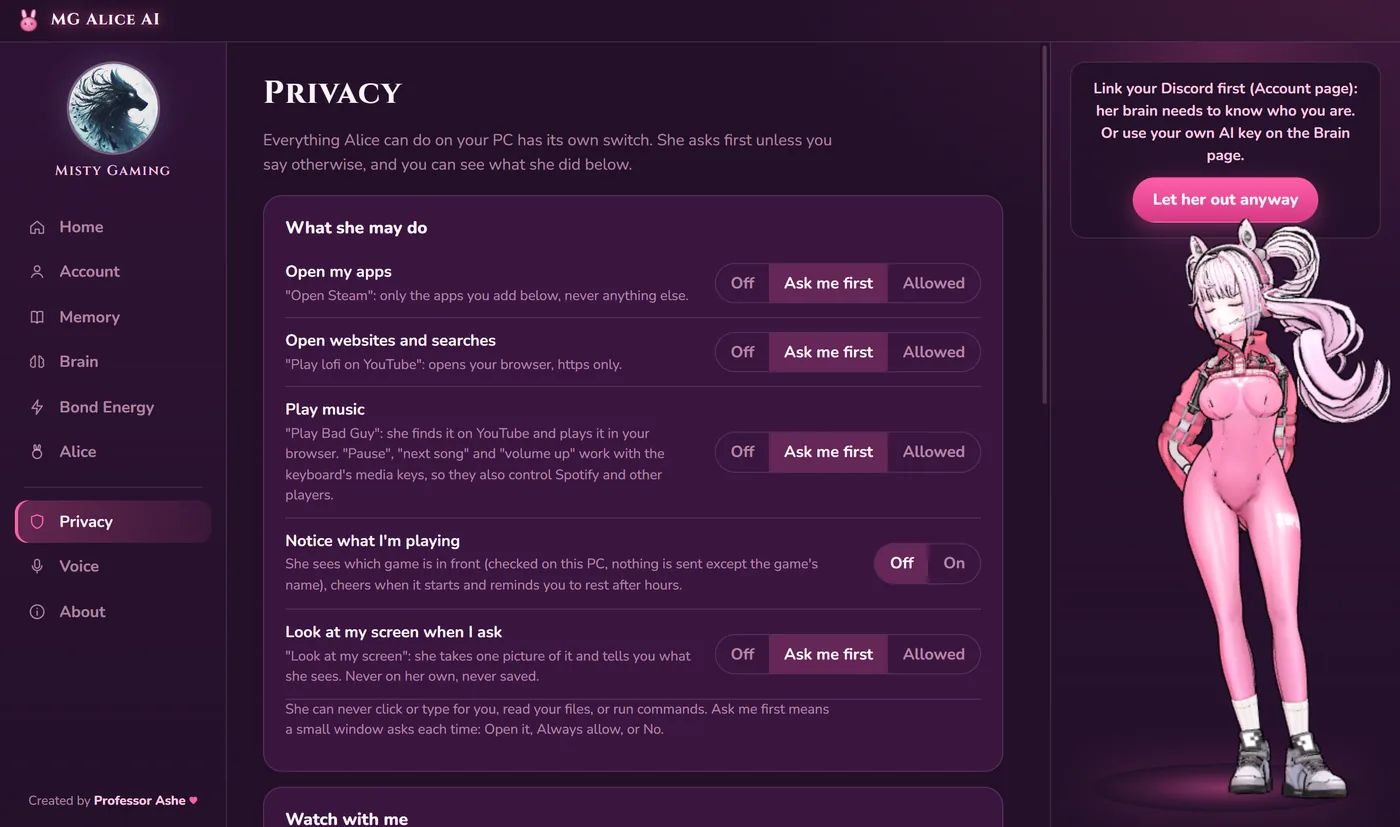 The Privacy page of MG Alice AI: every ability has an Off, Ask me first or Allowed switch